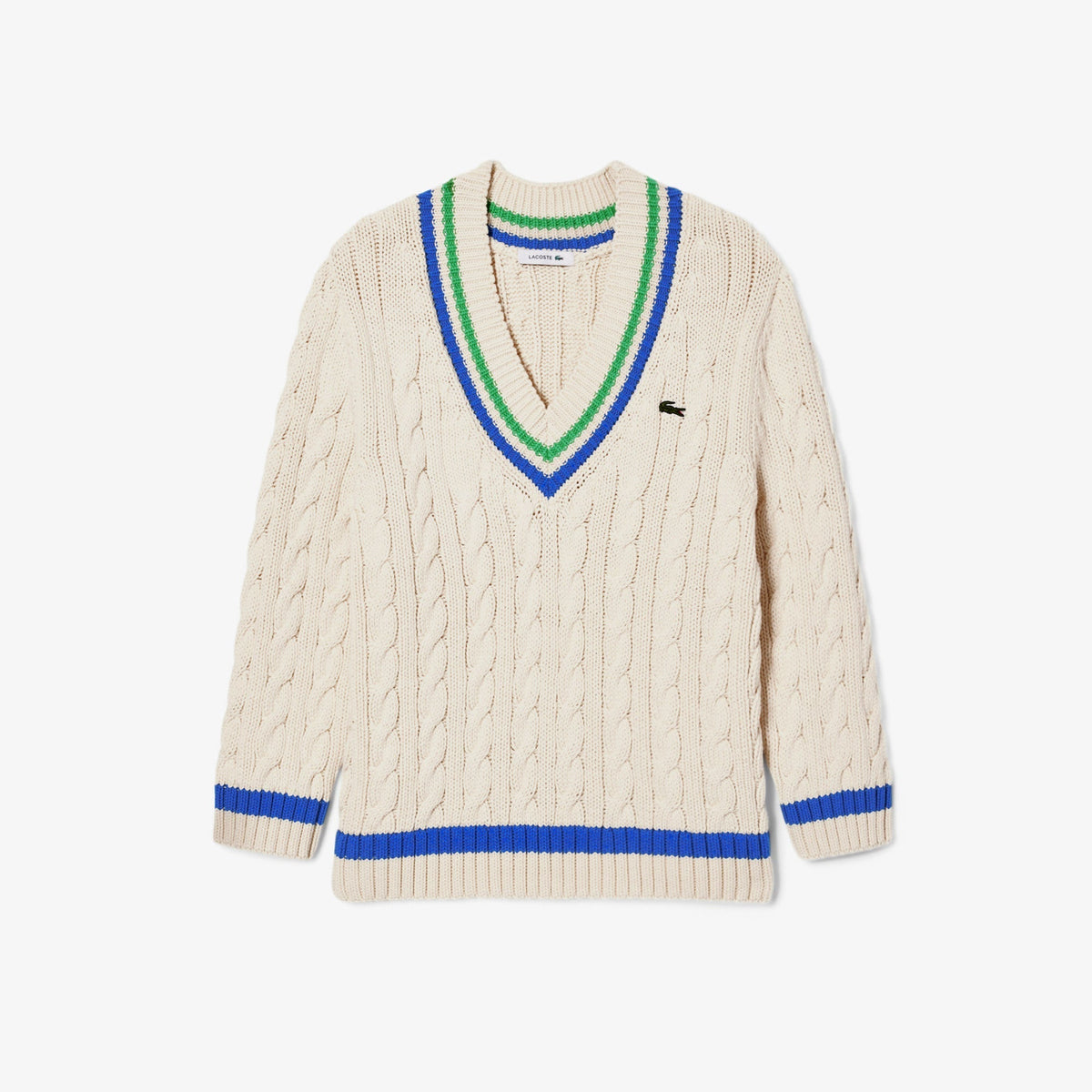Lacoste V Neck Cable Knit Cotton Tennis Sweater