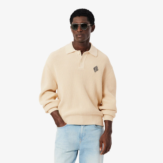 Lacoste Badge Accent Pearl Rib Polo Collar Sweater